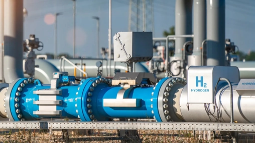 Blue hydrogen pipeline section with valves and monitoring equipment