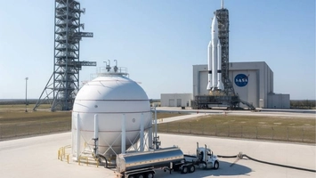Liquid hydrogen storage tank and tanker truck near a NASA launch facility