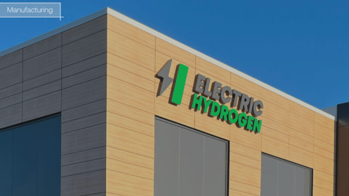Electric Hydrogen facility exterior with company logo on modern building facade