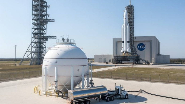 Liquid hydrogen storage tank and tanker truck near a NASA launch facility